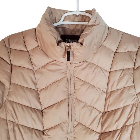 Ci Sono Full Zip Winter Packable Quilted Lined Puffer Jacket Coat Taupe Large - Picture 2 of 11